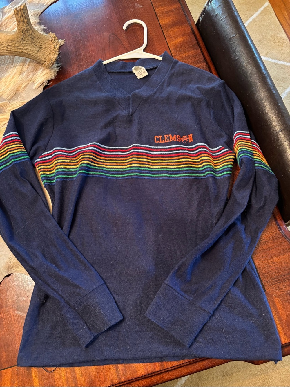 Vintage Clemson Navy Long-Sleeve Shirt with Rainbow Stripes